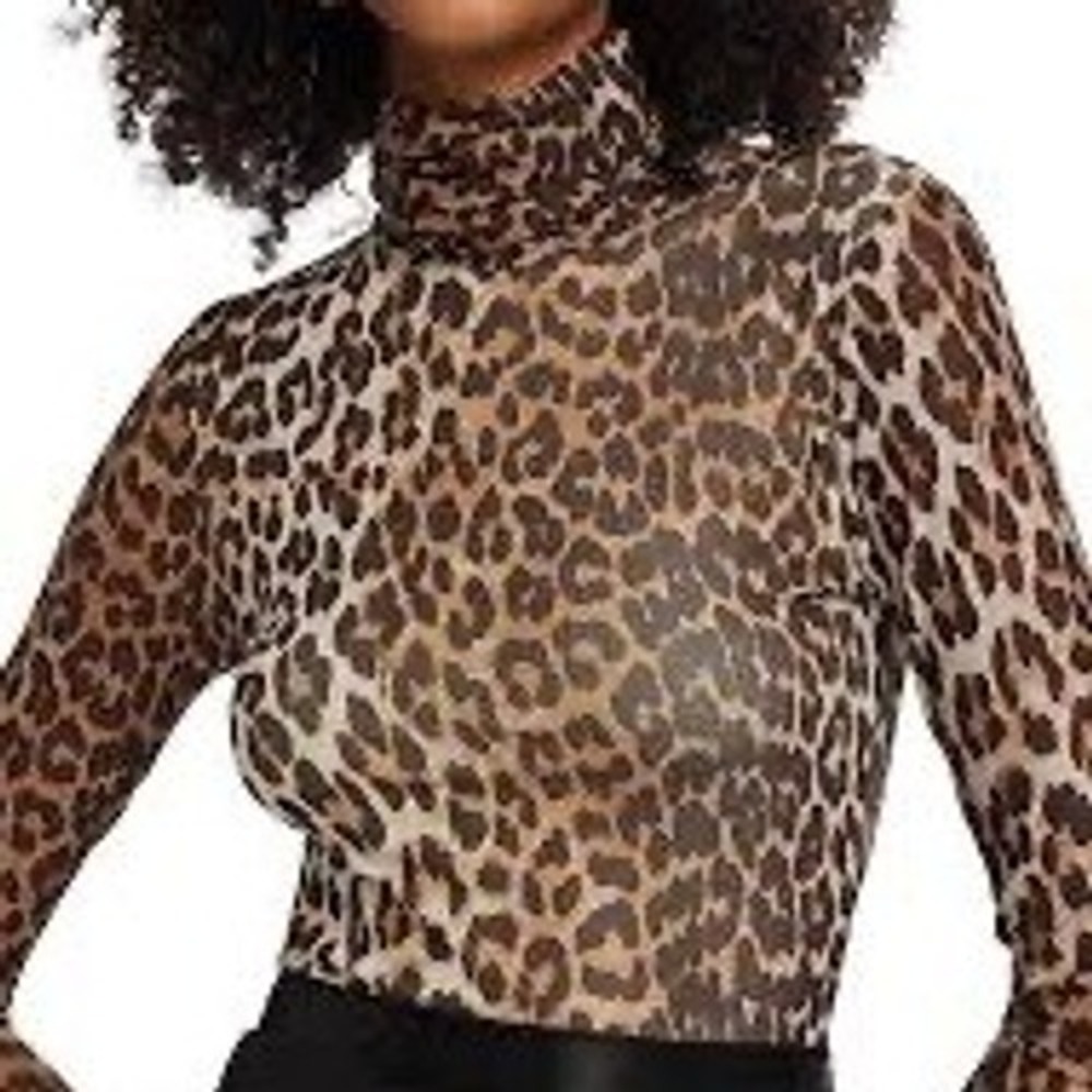 Ganni Leopard Print Mesh Mock Neck Long Sleeve‎ Top Size 38 or Size 6 US - Picture 4 of 13